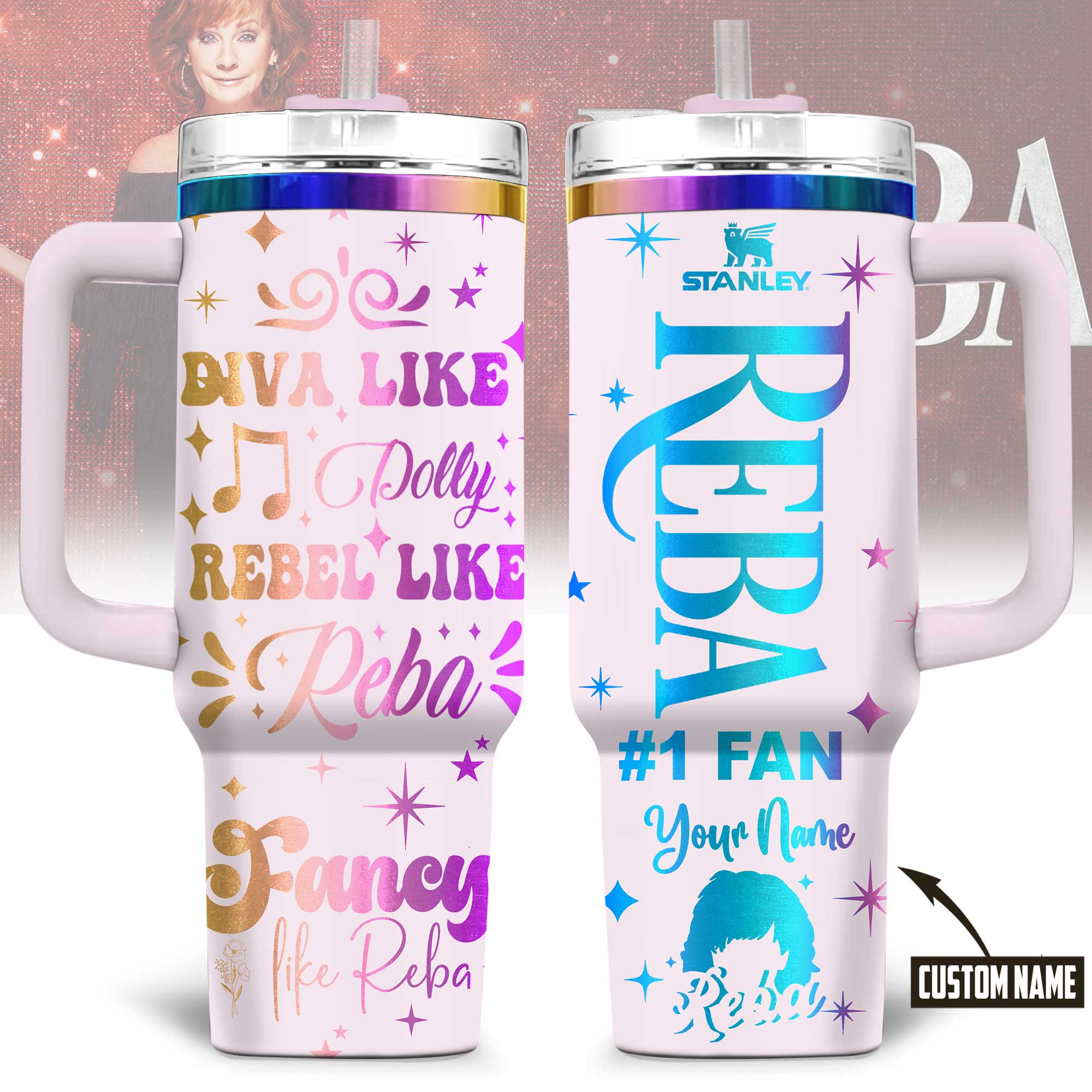 Reba McEntire Music Custom Stanley Quencher 40oz Stainless Steel Tumbler With Handle