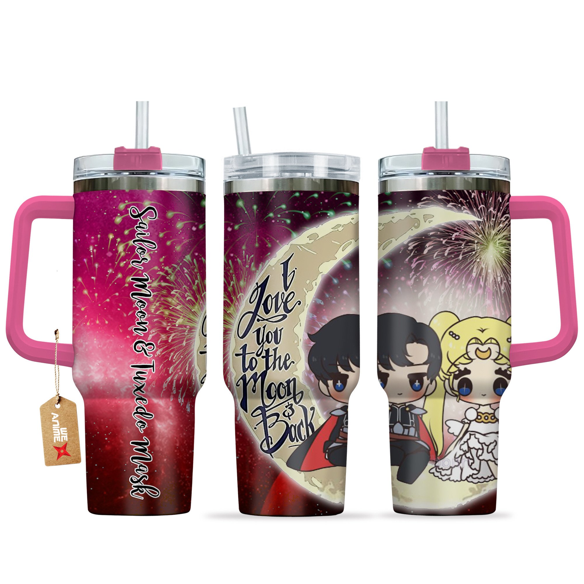 Sailor Moon & Tuxedo Mask Sailor Moon Anime Valentine Custom Stanley Quencher 40oz Stainless Steel Tumbler With Handle