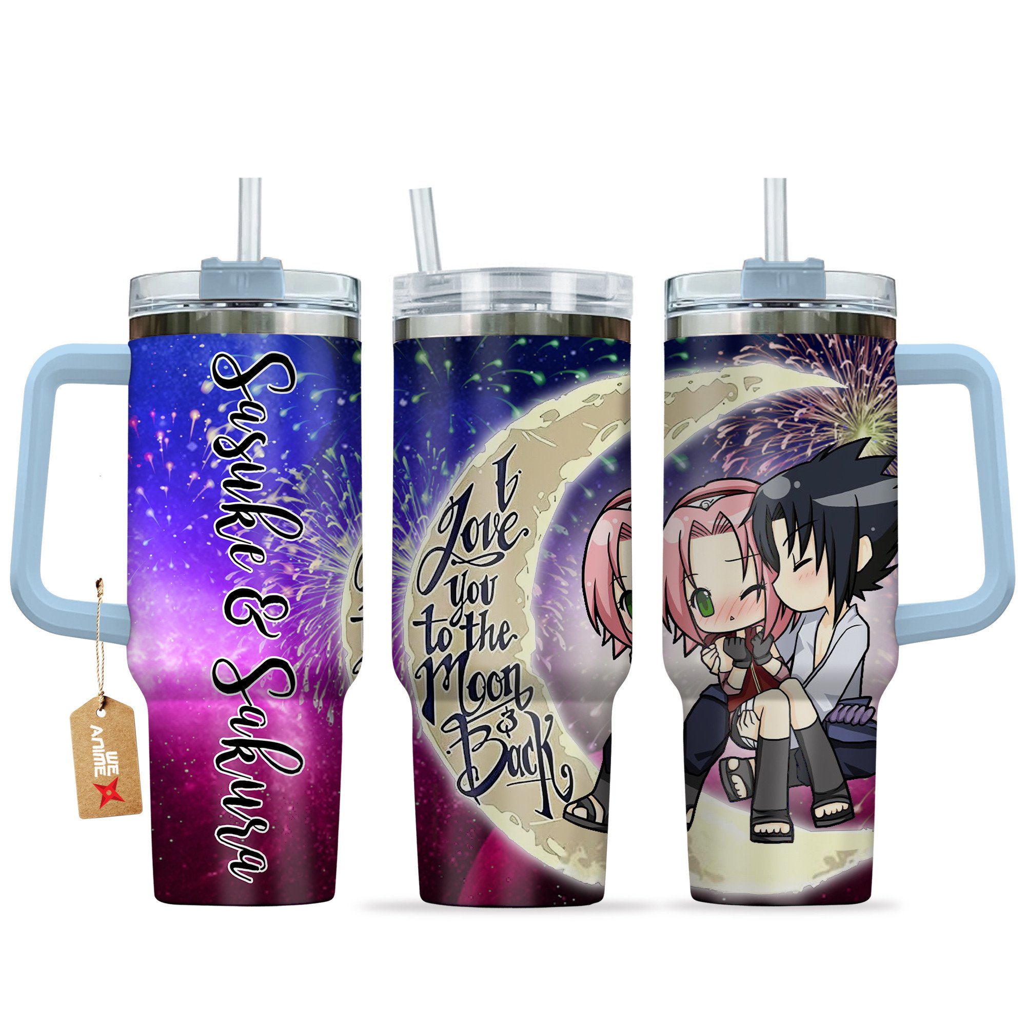 Sasuke & Sakura Haruno Naruto Anime Valentine Custom Stanley Quencher 40oz Stainless Steel Tumbler With Handle