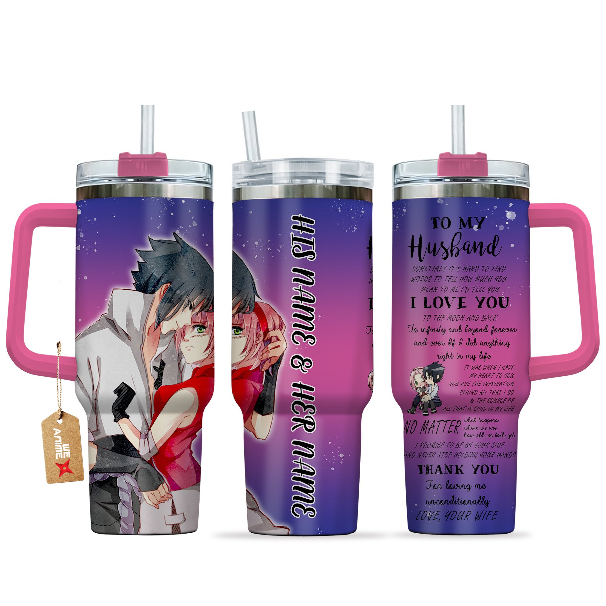 Sasuke & Sakura Naruto Anime Valentine Custom Stanley Quencher 40oz Stainless Steel Tumbler With Handle