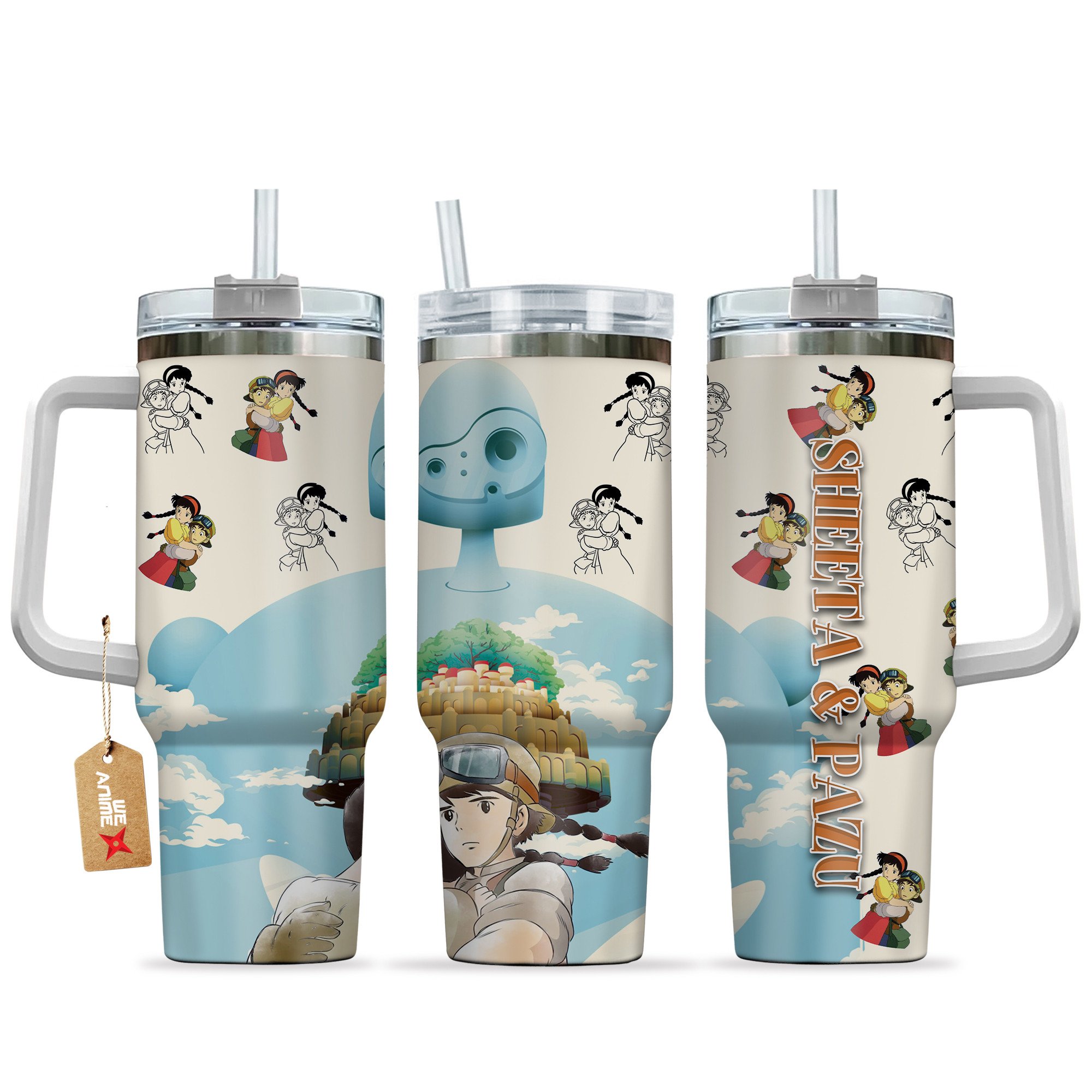 Sheeta and Pazu Castle in the Sky Anime Custom Stanley Quencher 40oz Stainless Steel Tumbler With Handle