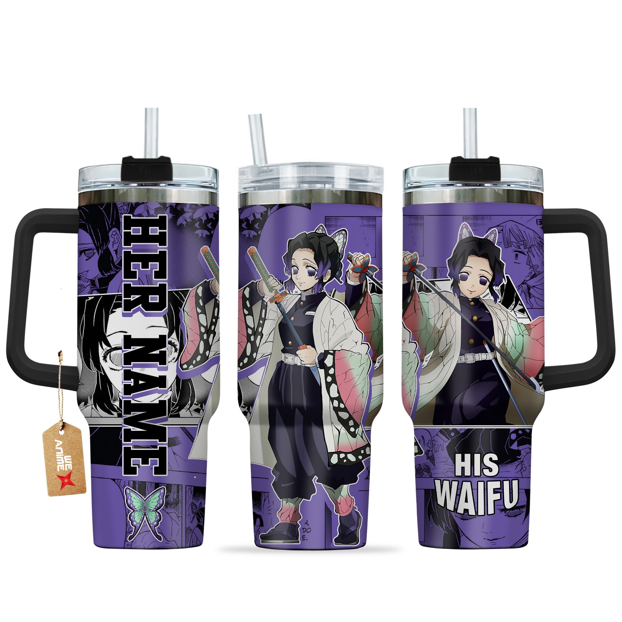 Shinobu Kocho Demon Slayer Anime Custom Stanley Quencher 40oz Stainless Steel Tumbler With Handle
