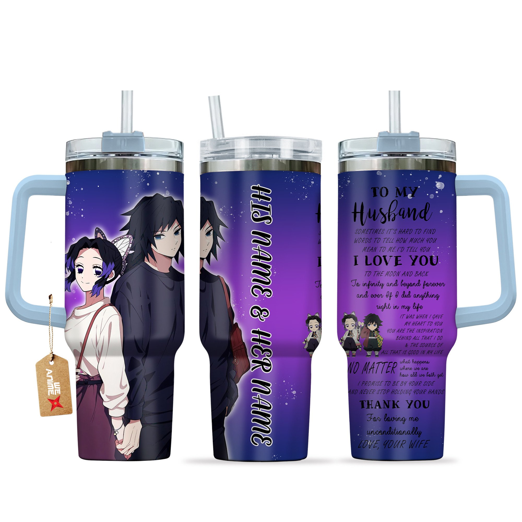 Shinobu Kocho & Giyu Tomioka Demon Slayer Anime Valentine Custom Stanley Quencher 40oz Stainless Steel Tumbler With Handle