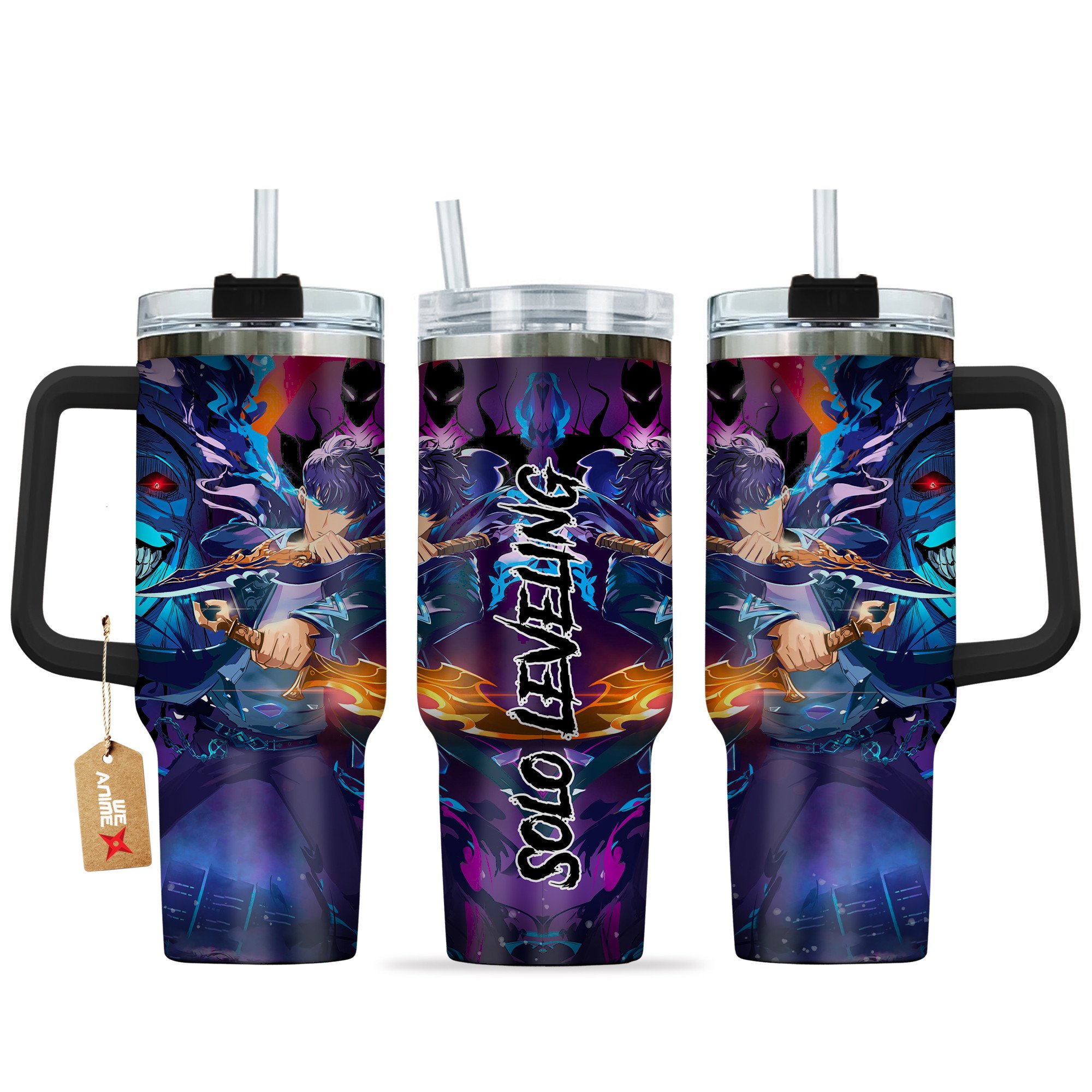 Sung Jin-Woo and Statue of God Solo Leveling Anime Custom Stanley Quencher 40oz Stainless Steel Tumbler With Handle