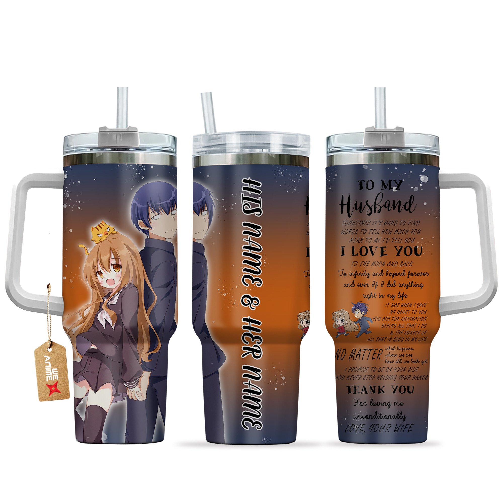 Taiga Aisaka & Ryuuji Takasu Toradora Anime Valentine Custom Stanley Quencher 40oz Stainless Steel Tumbler With Handle