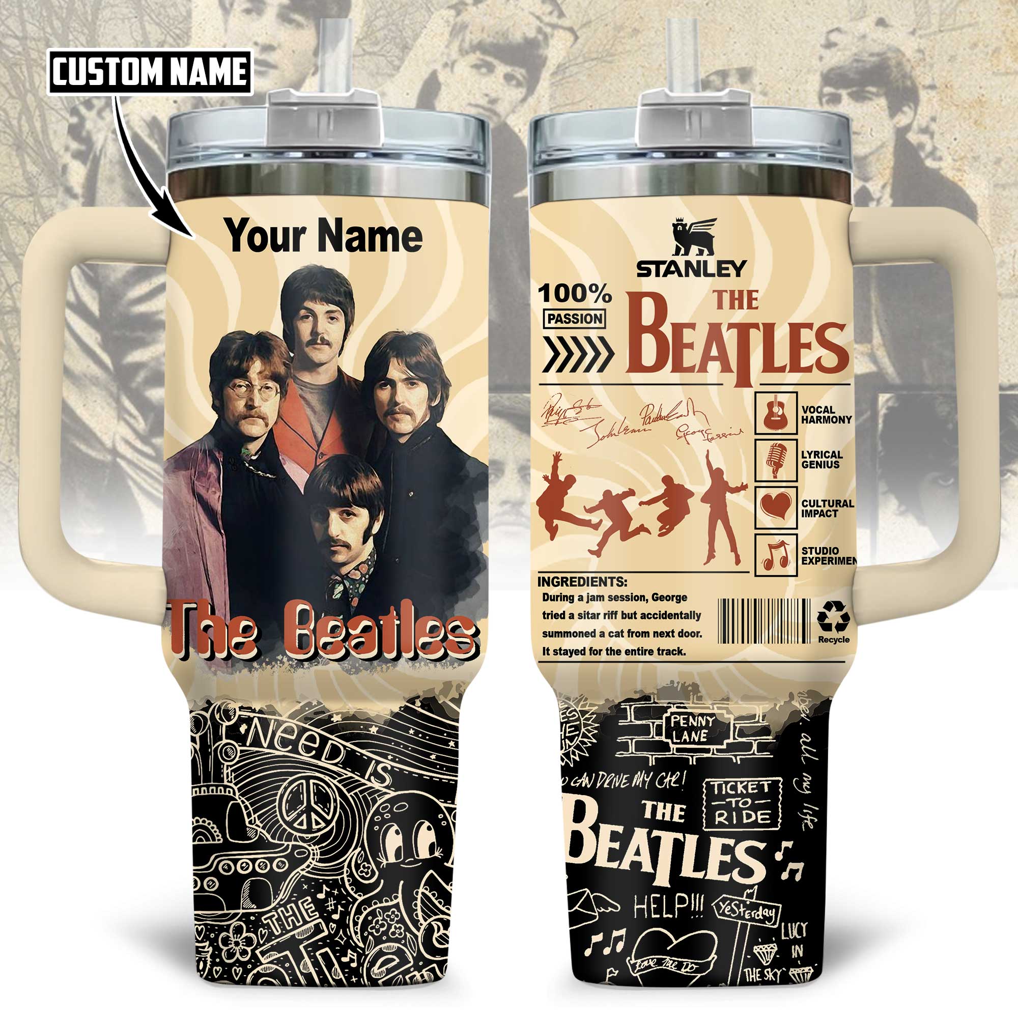 The Beatles Music Custom Stanley Quencher 40oz Stainless Steel Tumbler With Handle