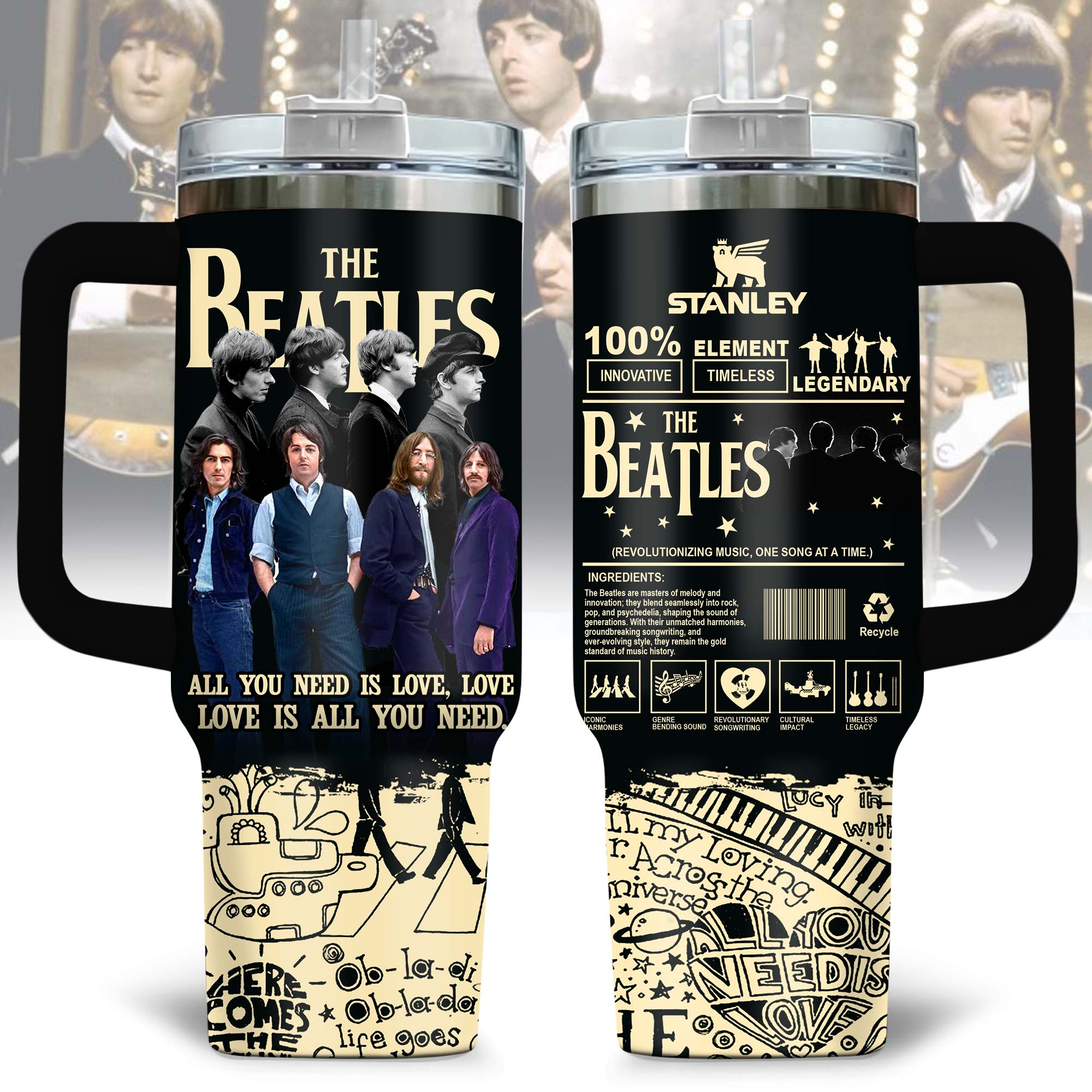 The Beatles Music Custom Stanley Quencher 40oz Stainless Steel Tumbler With Handle