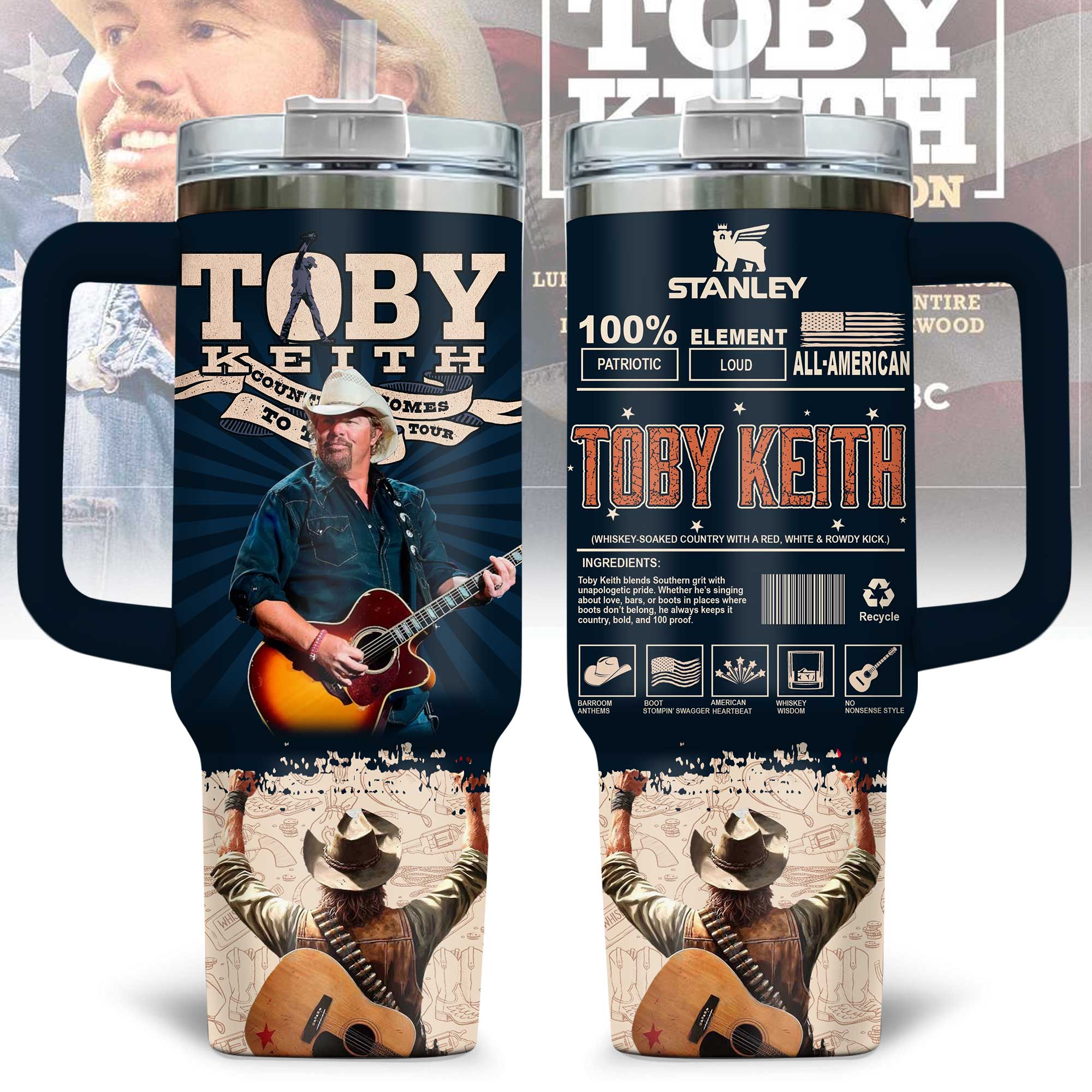 Toby Keith Music Custom Stanley Quencher 40oz Stainless Steel Tumbler With Handle