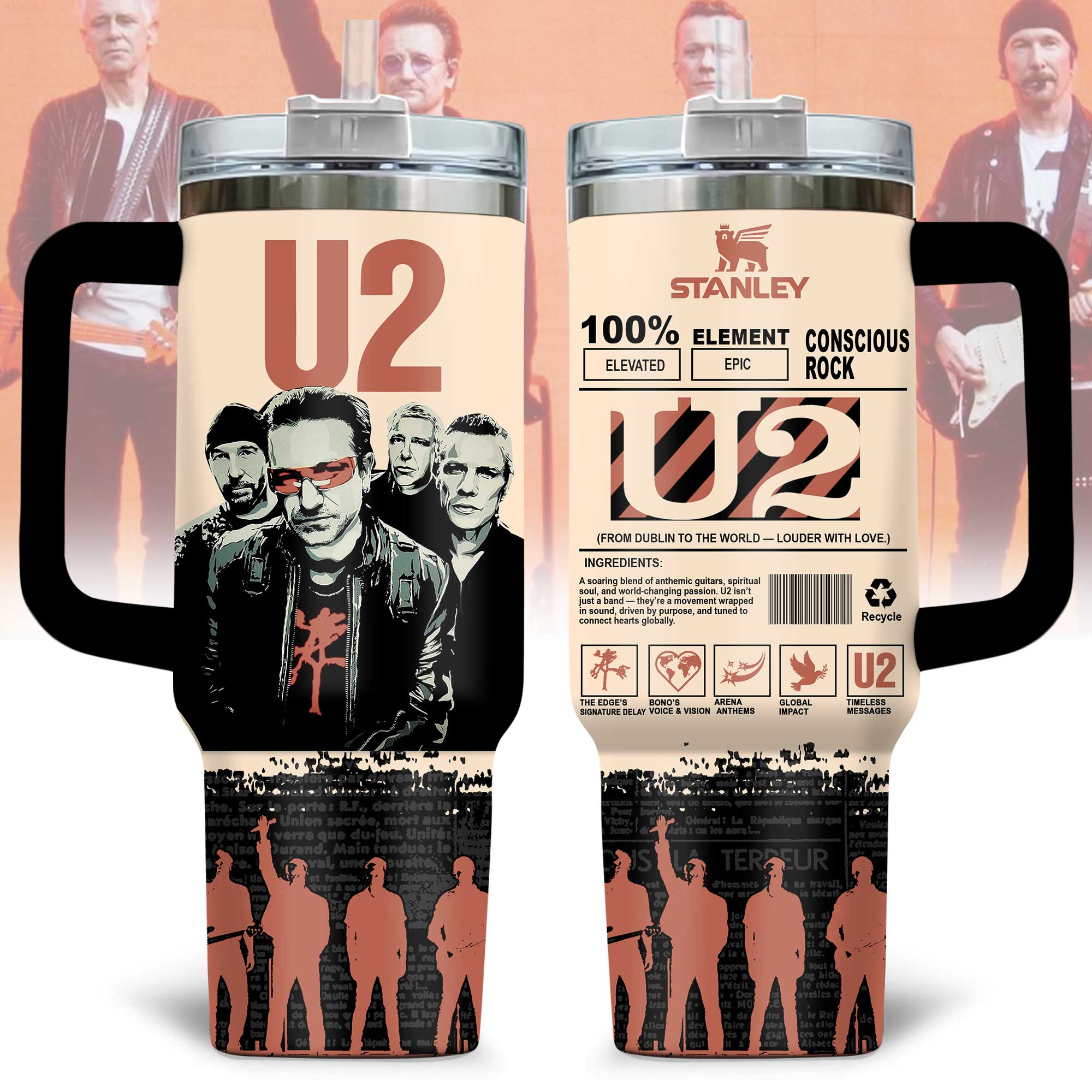 U2 Music Custom Stanley Quencher 40oz Stainless Steel Tumbler With Handle