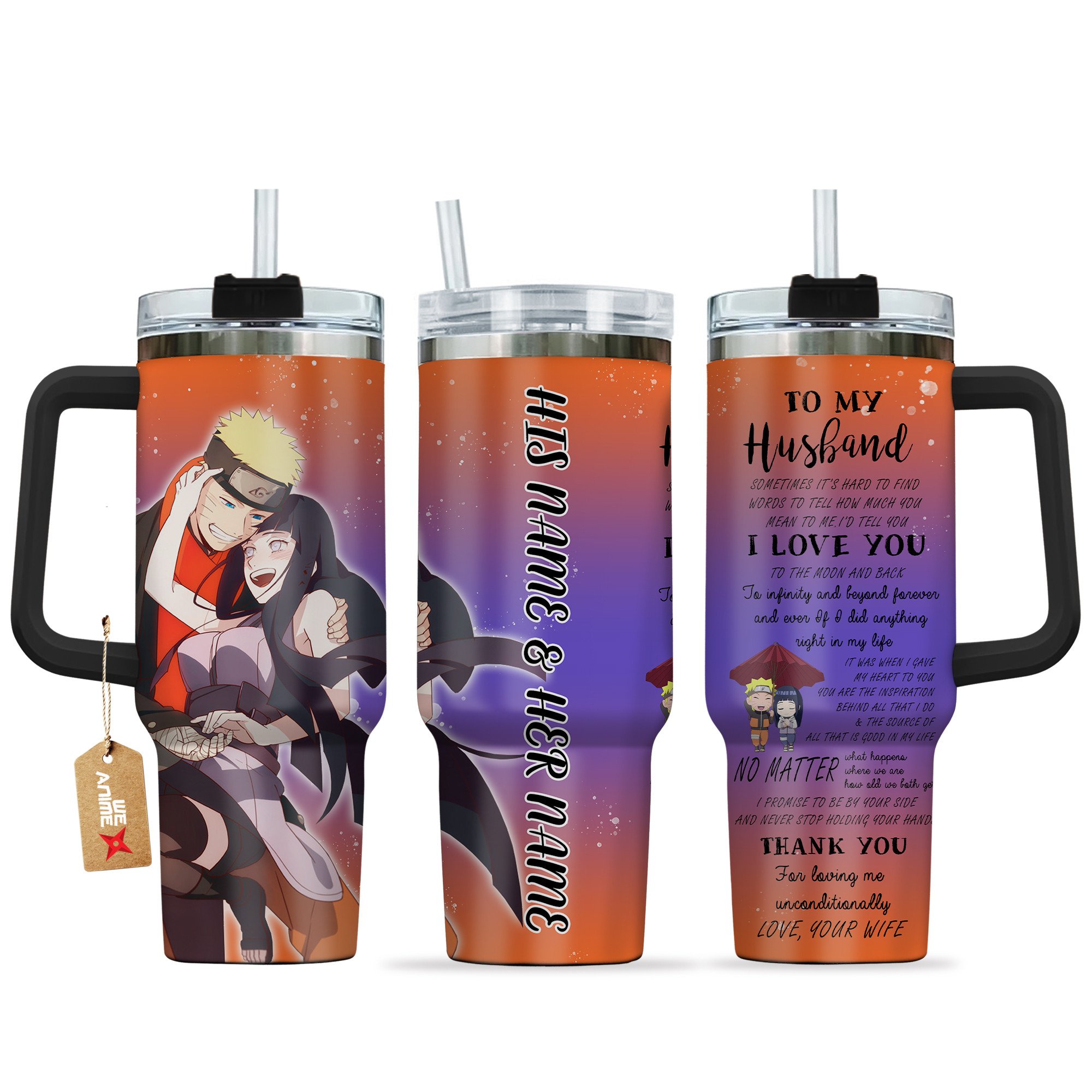 Uzumaki & Hinata Hyuga Naruto Anime Valentine Custom Stanley Quencher 40oz Stainless Steel Tumbler With Handle