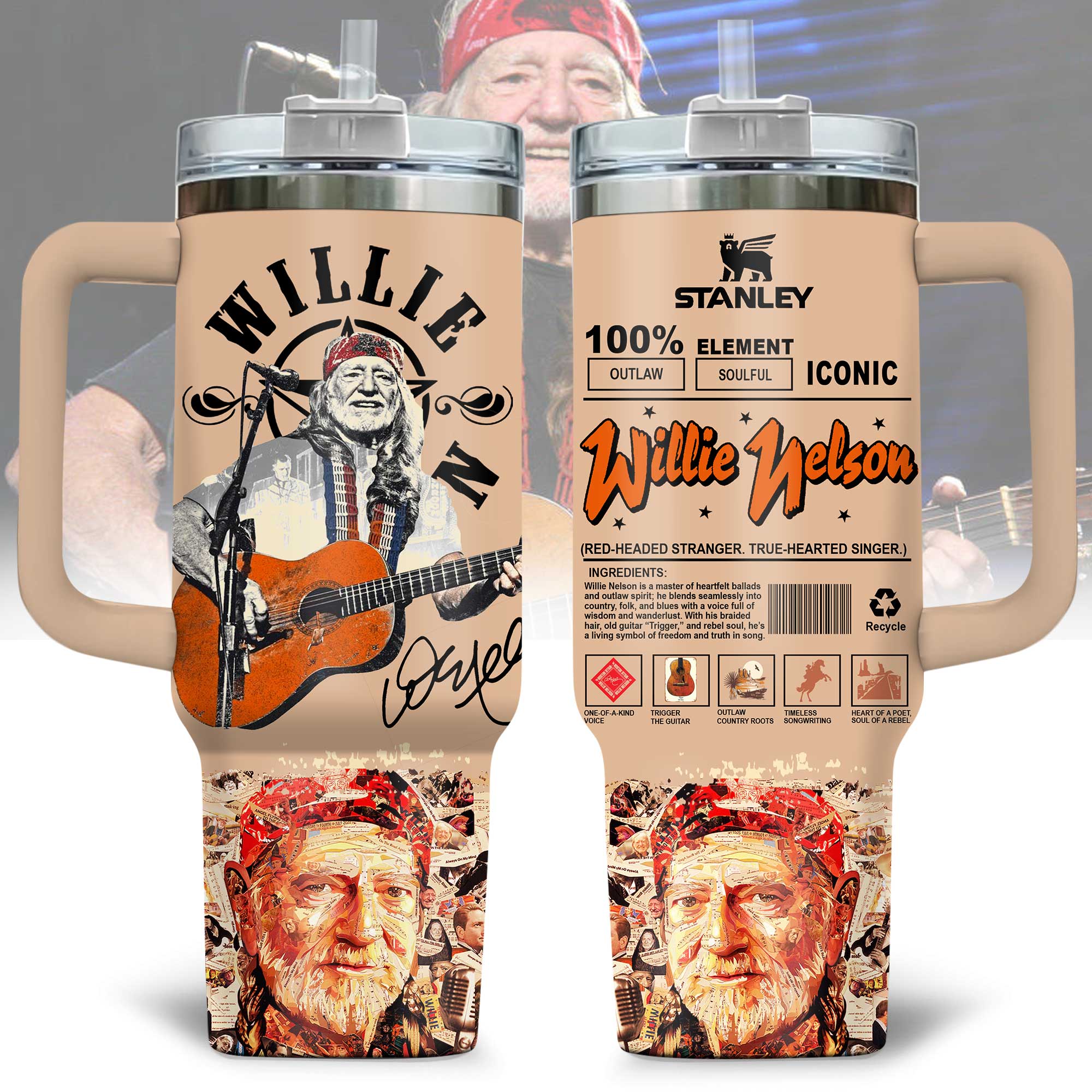 Willie Nelson Music Custom Stanley Quencher 40oz Stainless Steel Tumbler With Handle