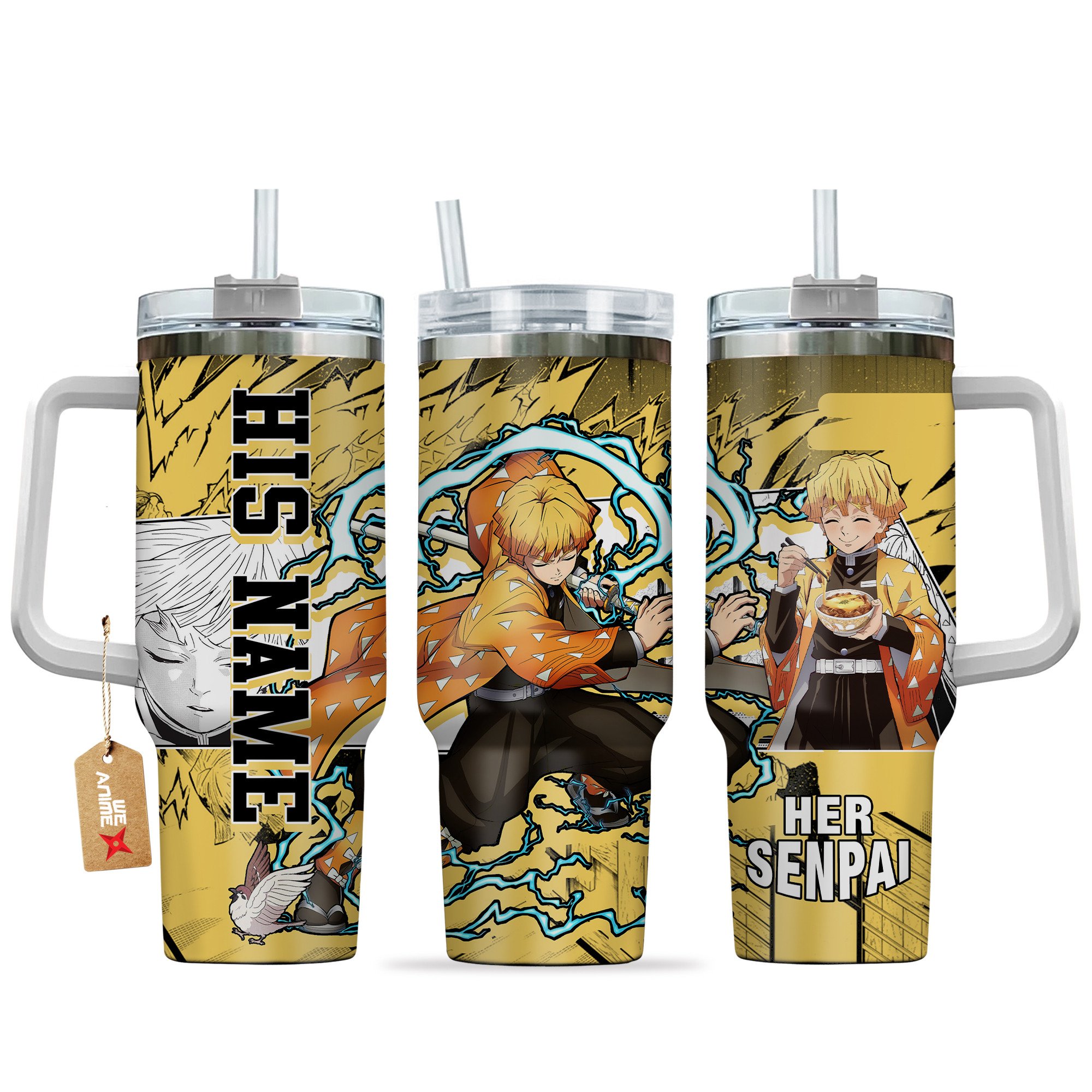 Zenitsu Demon Slayer Anime Custom Stanley Quencher 40oz Stainless Steel Tumbler With Handle