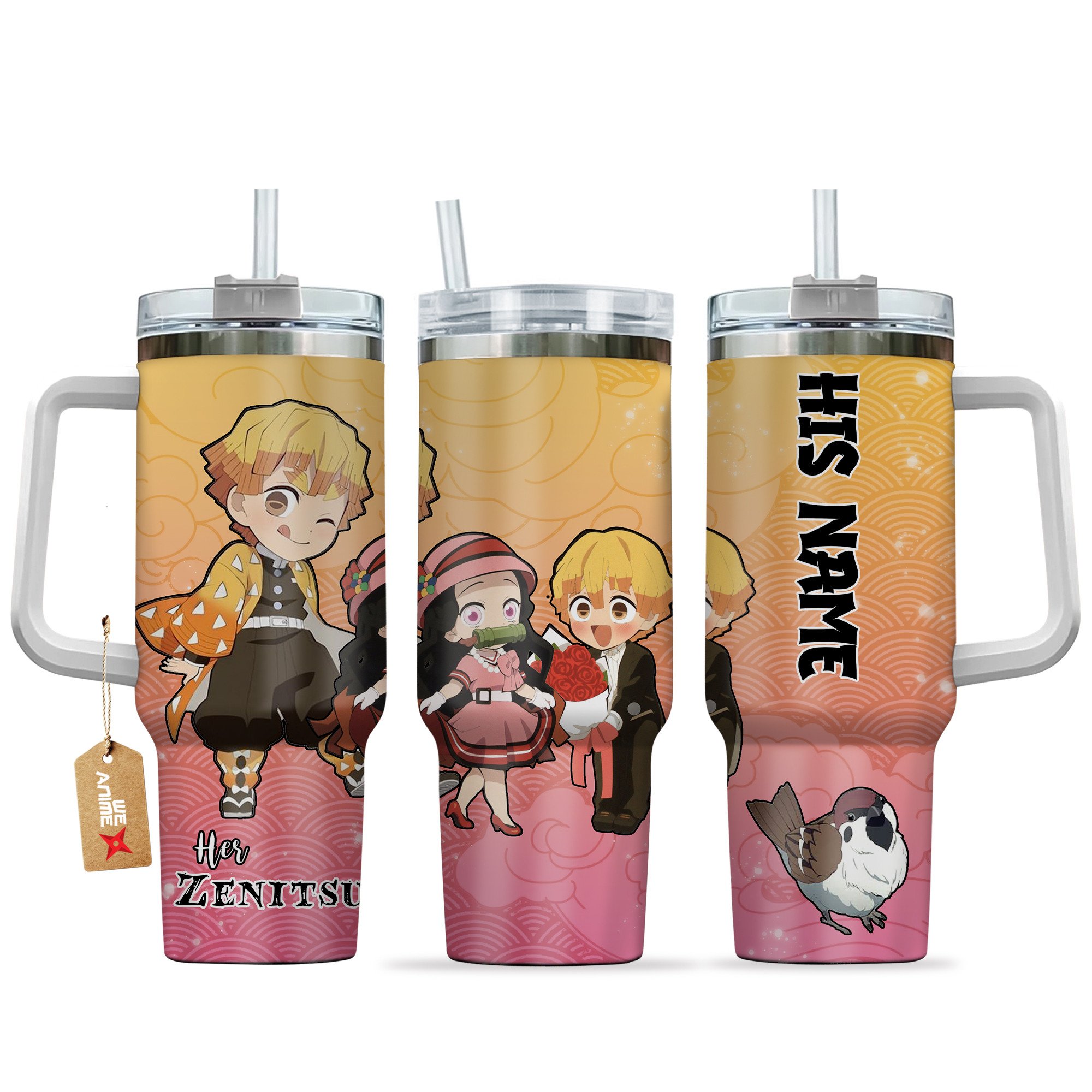 Zenitsu Demon Slayer Anime Valentine Custom Stanley Quencher 40oz Stainless Steel Tumbler With Handle